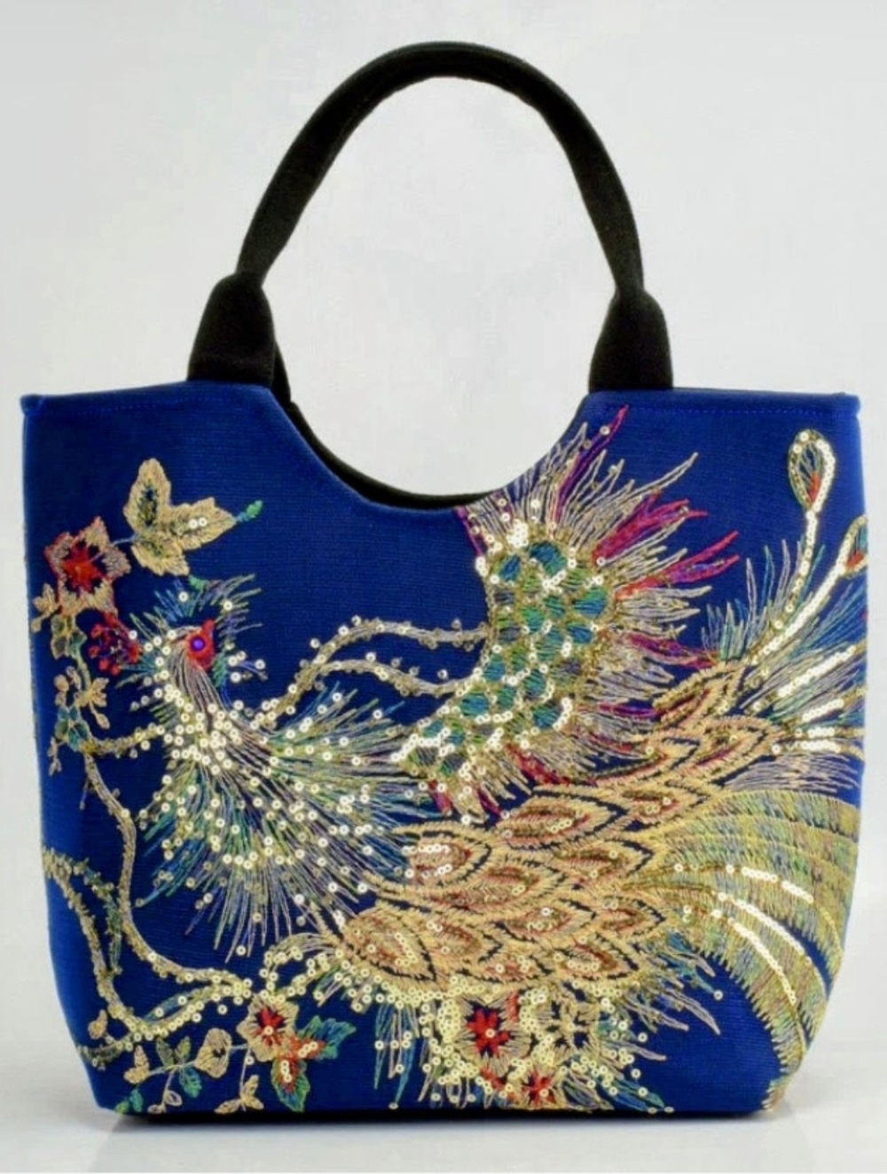 "Ella And Elly" Dark Blue Peacock Sequined Embroidered Tote Shoulder Bag - Picture 2 of 12
